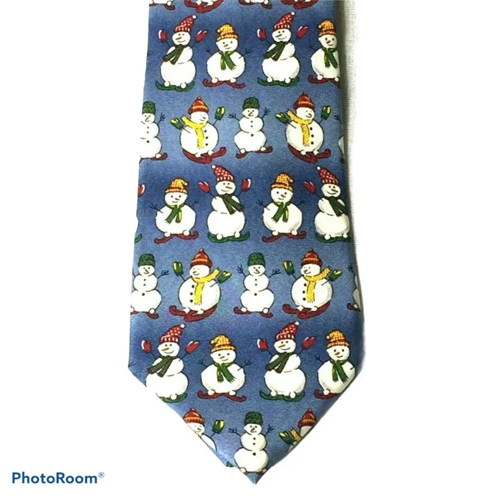 Talbots Kids Boys Neck Tie‎ Blue Snowman Holiday Christmas Printed 100% Silk New